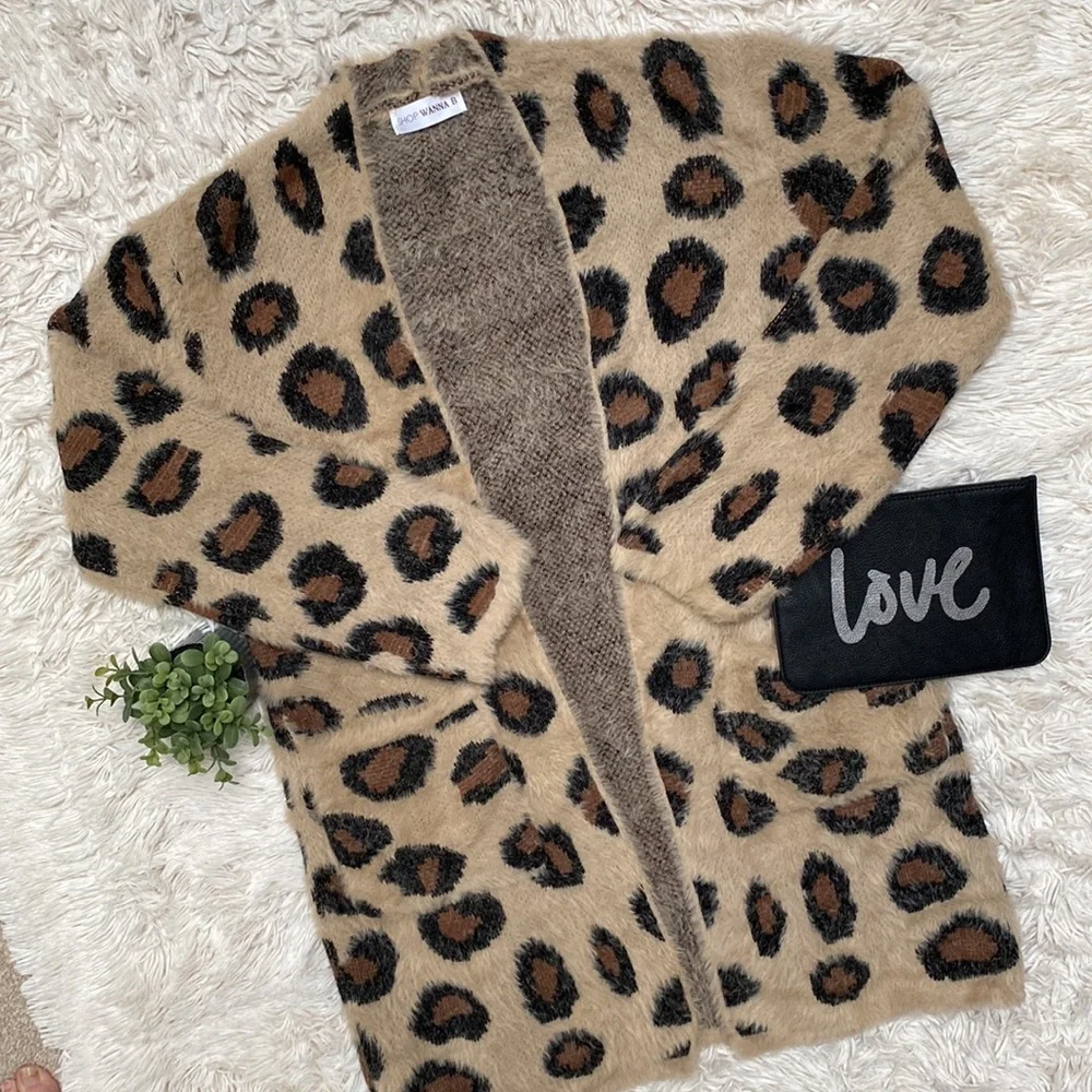 Wanna B Leopard Eyelash Open Cardigan 💗 Tan Brown & Black - Picture 3 of 13